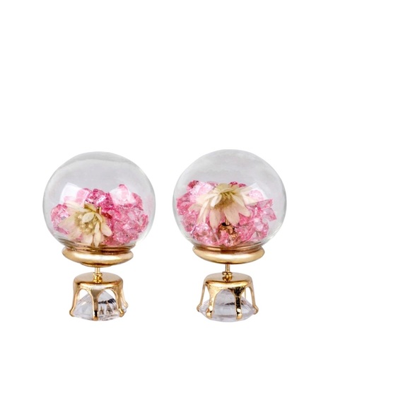 Ivory & Pink Double-sided Glass Ball Dry Flower Earrings - Picture 1 of 6